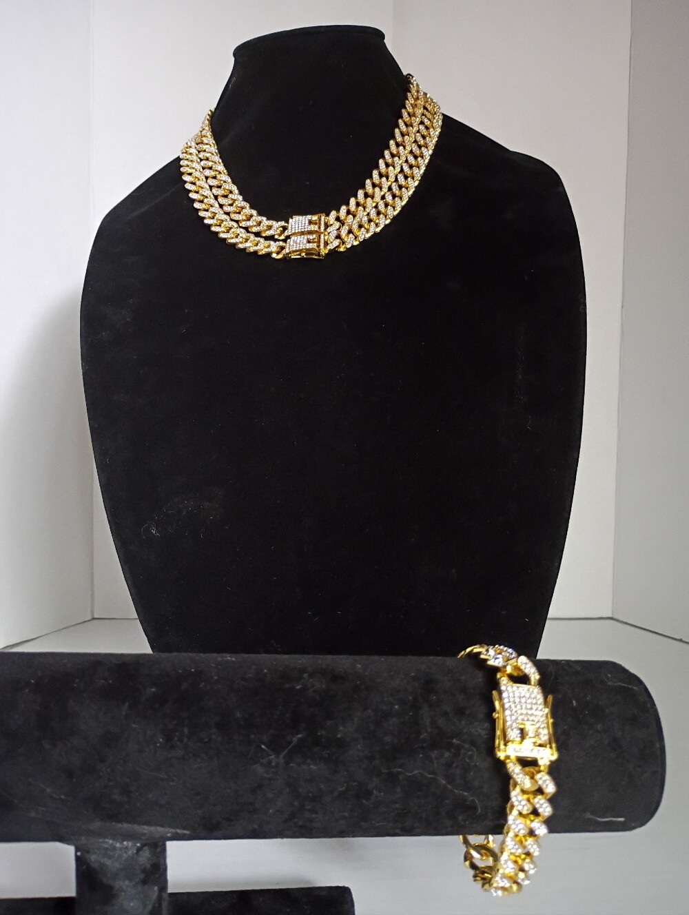 "Iced Out" Cuban Link Gold Tone Necklace And Bracelet Set